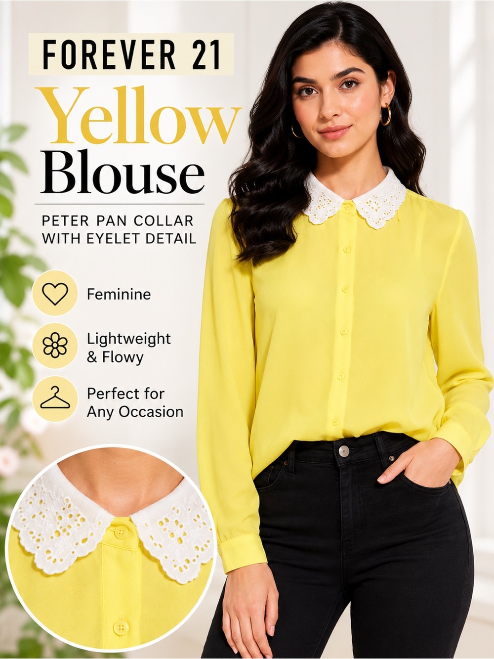 Forever 21 Yellow Peter Pan Eyelet Collar Blouse M
